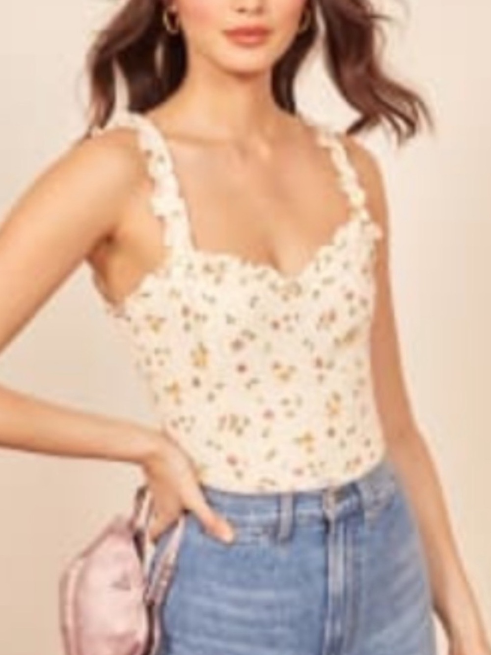 Reformation Cream Floral Ruffle Strap Cami Havana top in Bellagio